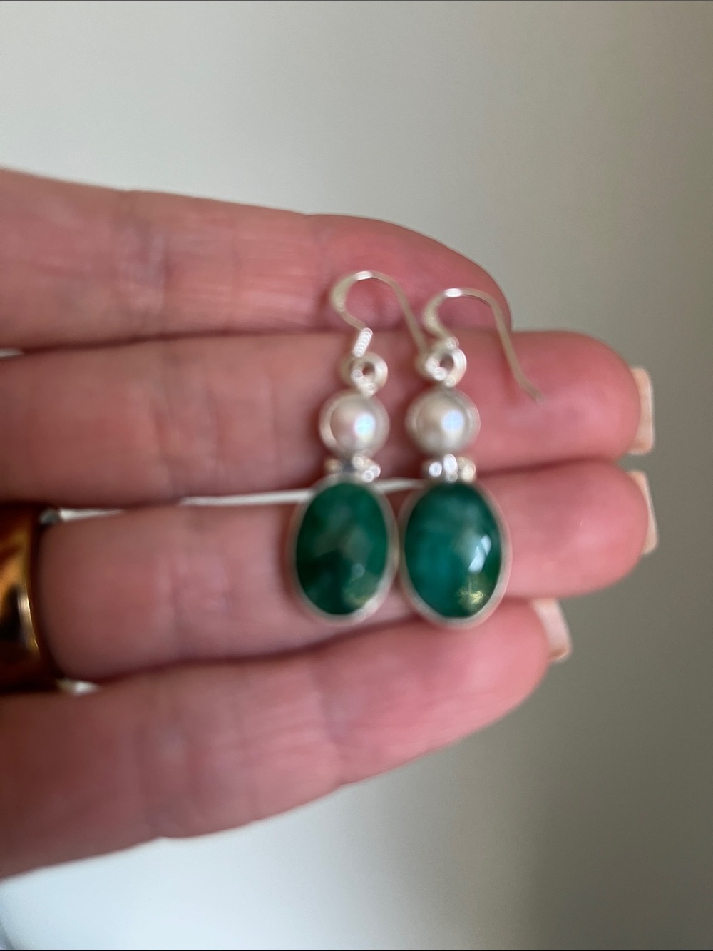 Raw Emerald Sterling Silver Drop Earrings with Pearl Accent